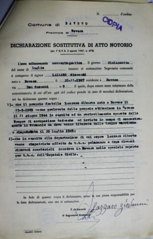 Dichiarazione di Giovanni Lazzaro sulla deportazione del fratello Alberto
