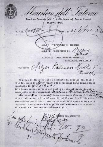 Documento 2 : Ebrei stranieri trasferimento famiglia Melzer a Vespolate