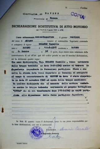 Dichiarazione di Tersilio Morandi sulla sua attività partigiana